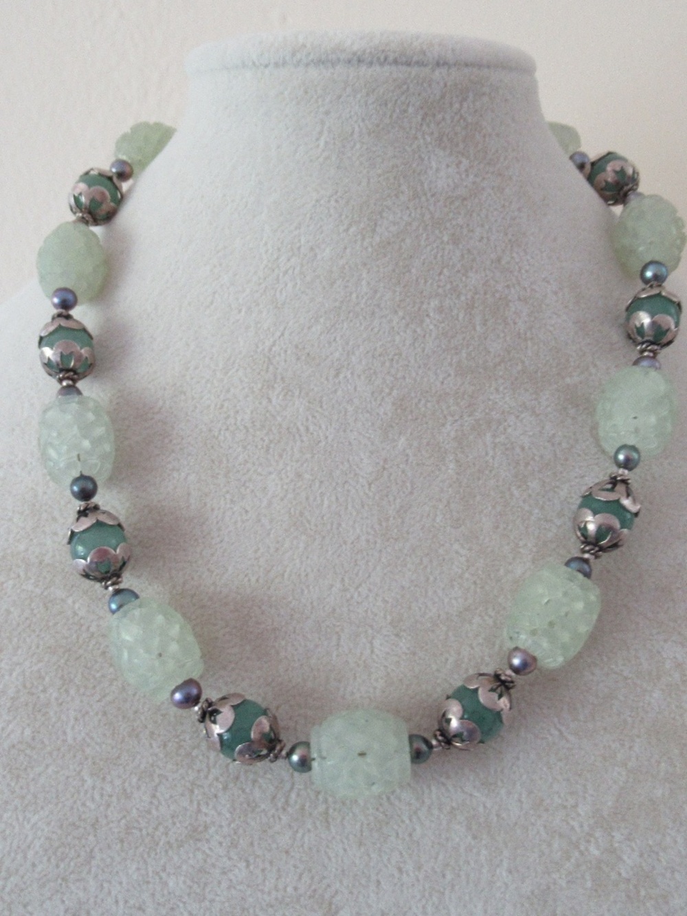 Aventurine and Carved Chalcedony Beaded Necklace with Sterling Silver Findings
